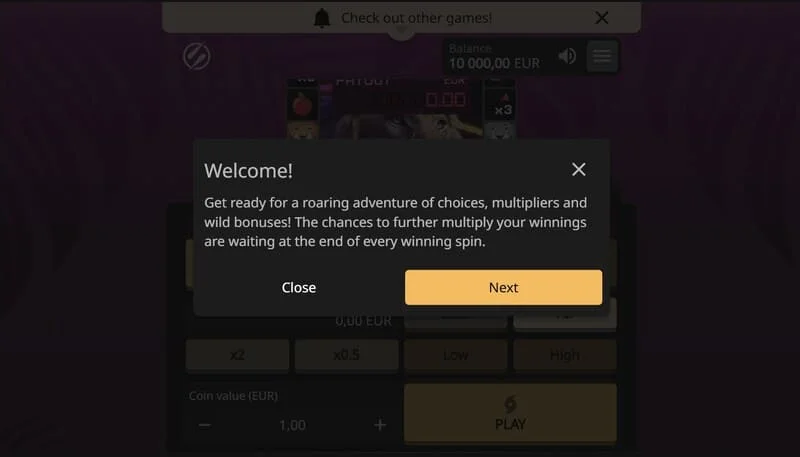 Lion Zama Fruits Bonus Spins - phiên chơi đang hoạt động với các biểu tượng hoa quả cổ điển và 777